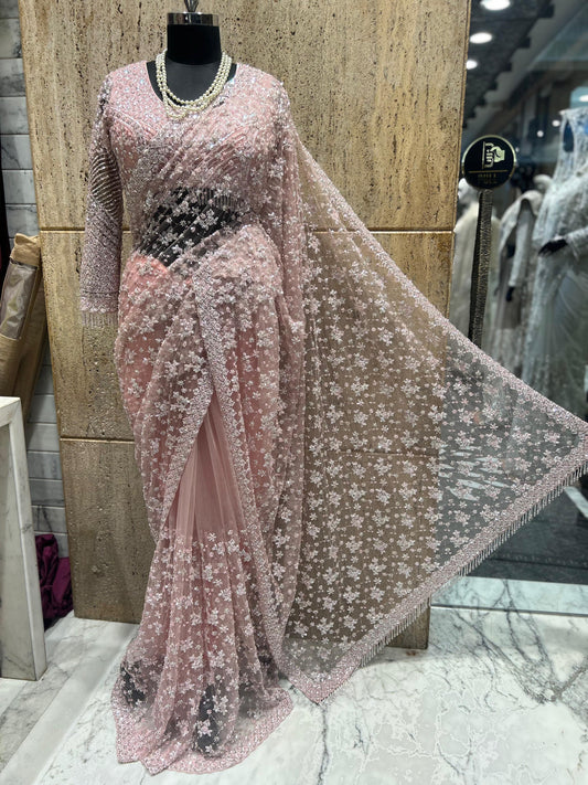 Designer net saree stylish sari blouse wedding sarees SaffronFashion