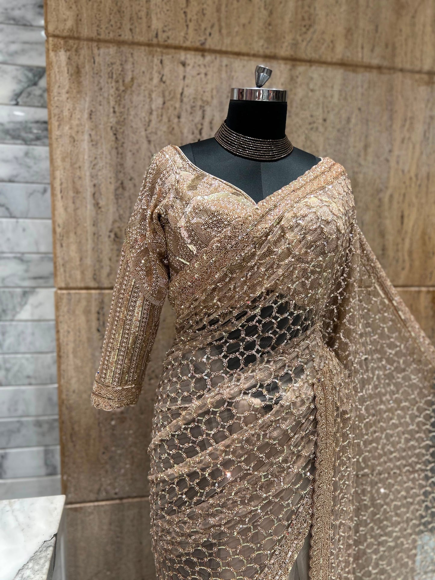 Champagne Gold Sequin Saree | Indian Party Wear Saree | Shimmer Embellished Saree | Wedding Reception Saree | Glamorous Designer Saree for Women Saffronfashionindia
