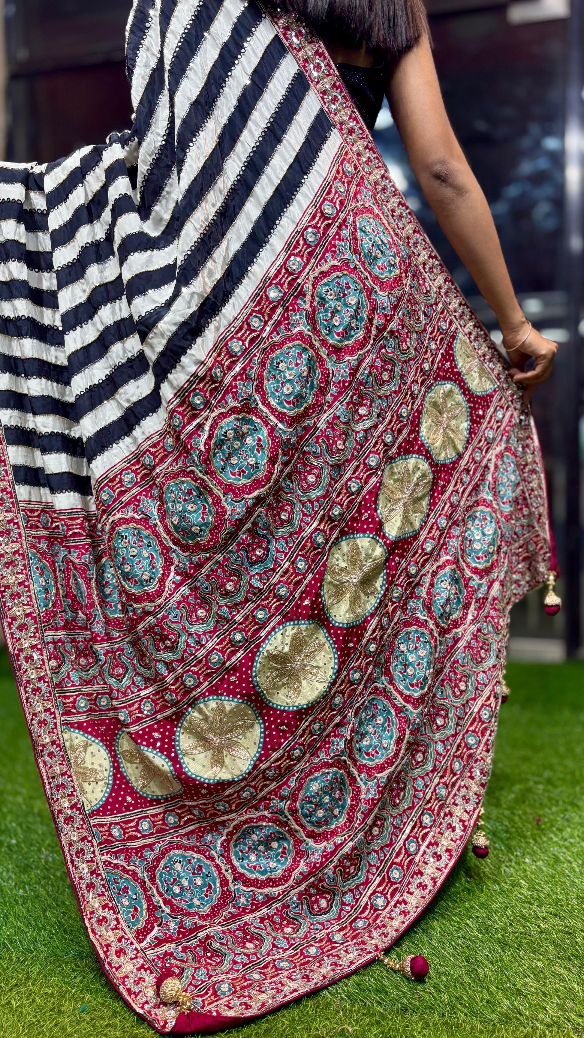Ajrakh saree hand embroidered saree women sari blouse SaffronFashion