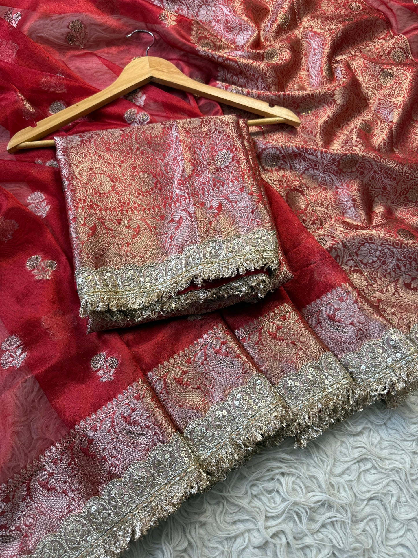 Red Banarsi saree tissue silk saree Indian sari blouse SaffronFashion