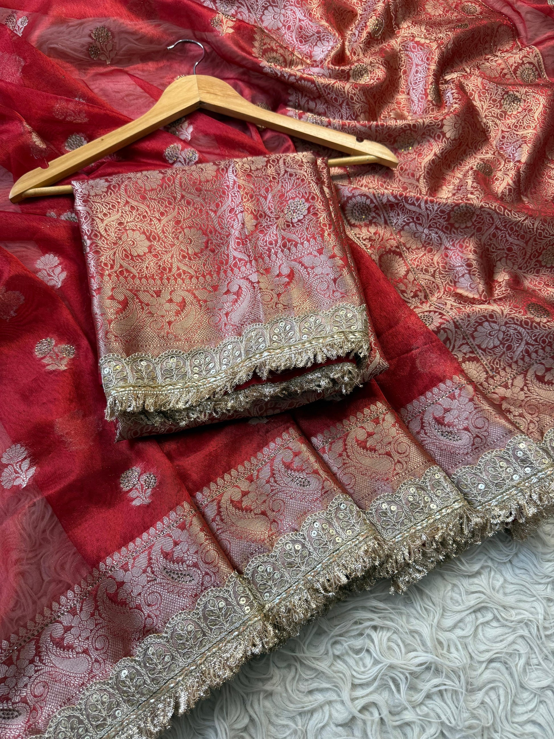 Red Banarsi saree tissue silk saree Indian sari blouse SaffronFashion
