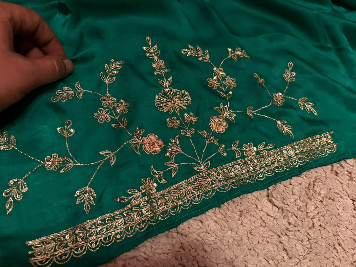 Green premium crepe satin silk saree designer inspired sarees blouse Saffronfashionindia