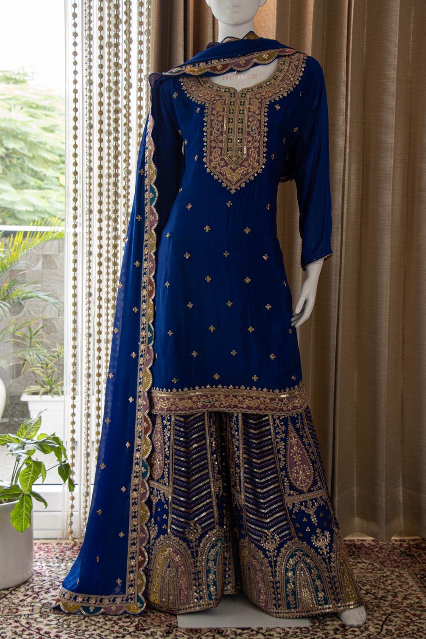 Royal Blue Pakistani sharara dress traditional wedding dress - Saffronfashionindia