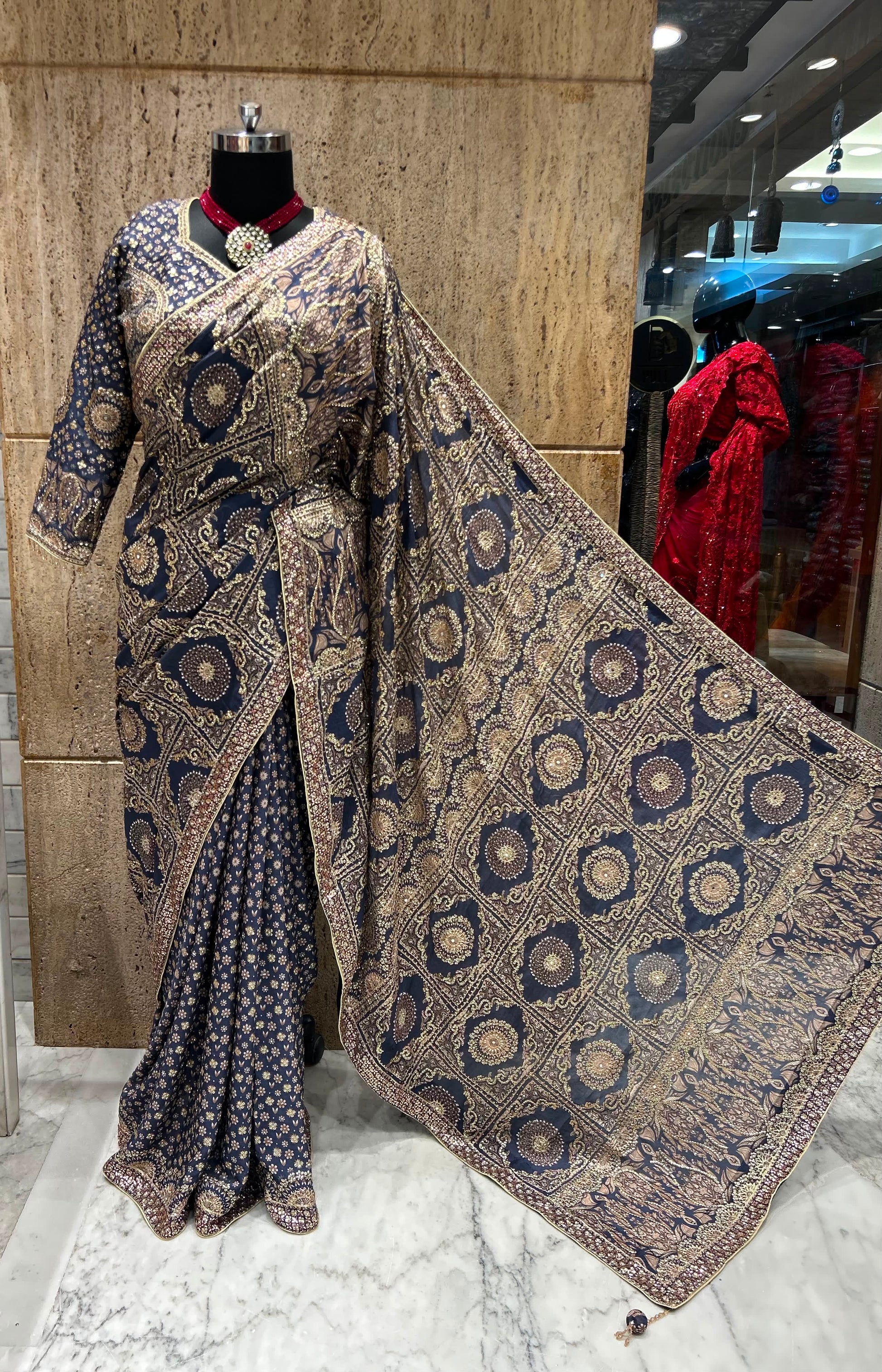 Navy blue saree designer sarees Chinon silk sari blouse women sarees Saffronfashionindia