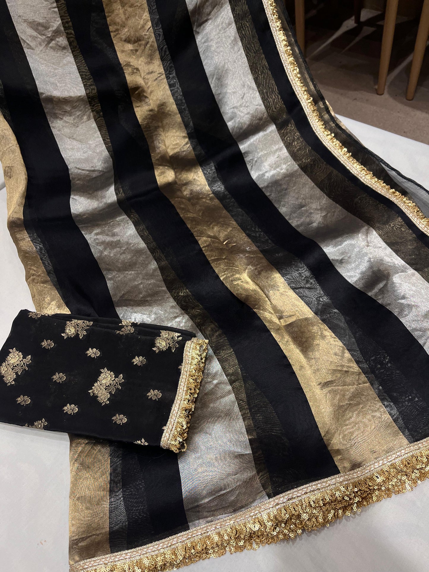 Striped Tissue Organza Saree Partywear Sari - Saffronfashionindia