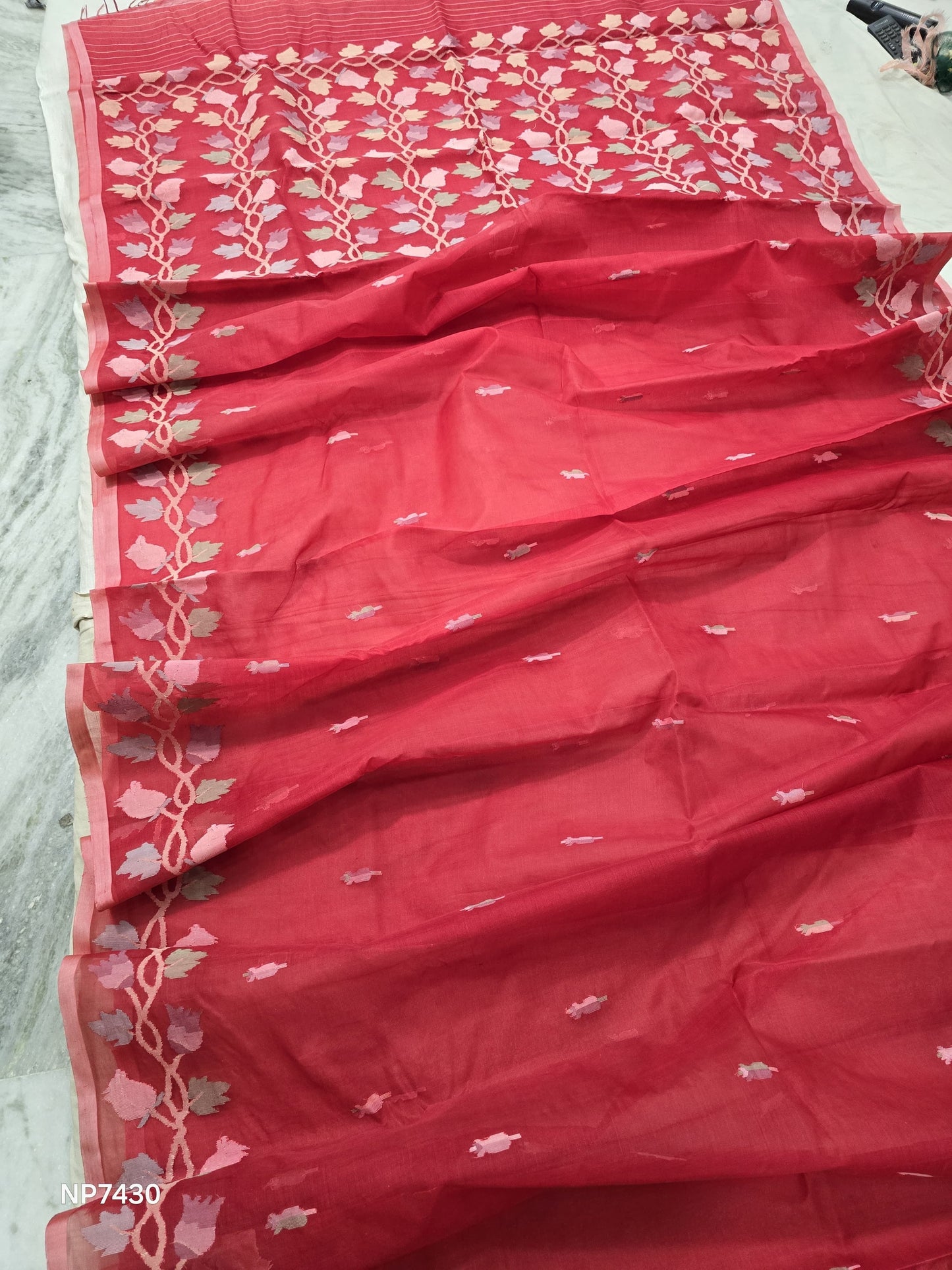 Red jamdani saree Tantuj handwoven sari blouse SaffronFashion