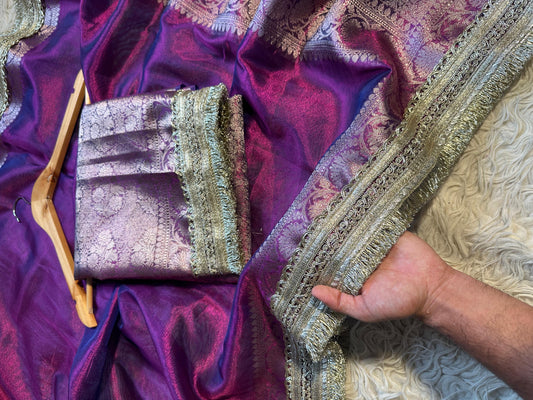 Vahiba Banarsi tissue silk saree lace sari blouse SaffronFashion
