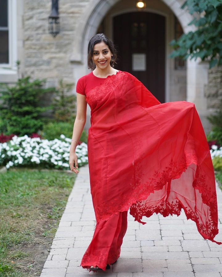 Ivisha Organza silk saree Indian wedding sarees blouse SaffronFashion