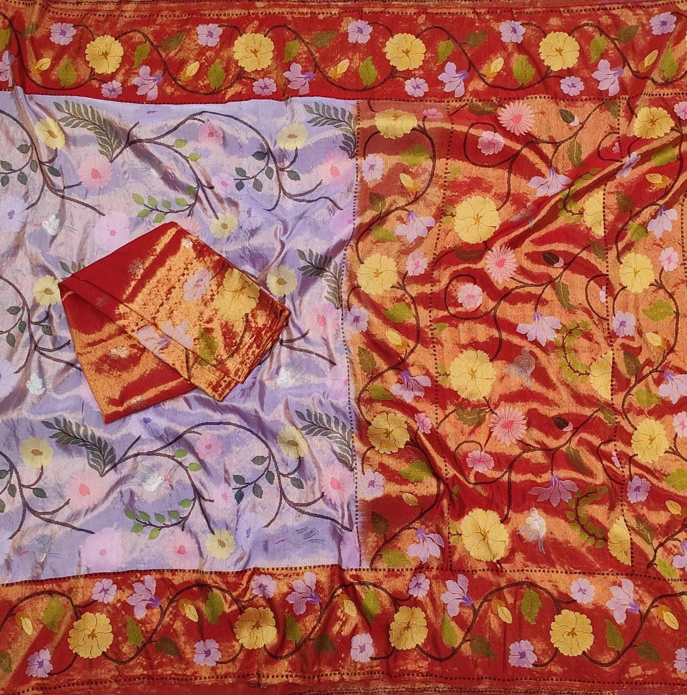 Lavender red Silk Zari Kota Meenakari Saree - Saffronfashionindia