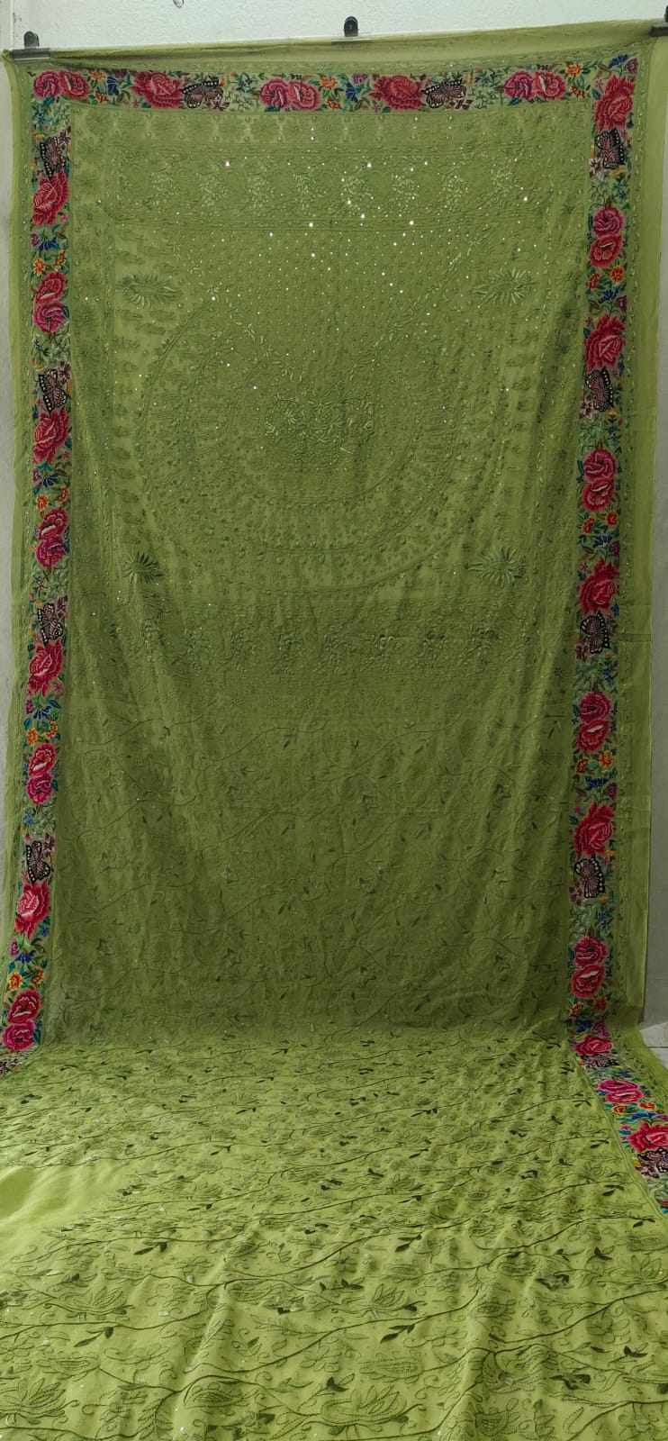 Laboni Green Gorgette Parsi Gara Saree - Saffronfashionindia