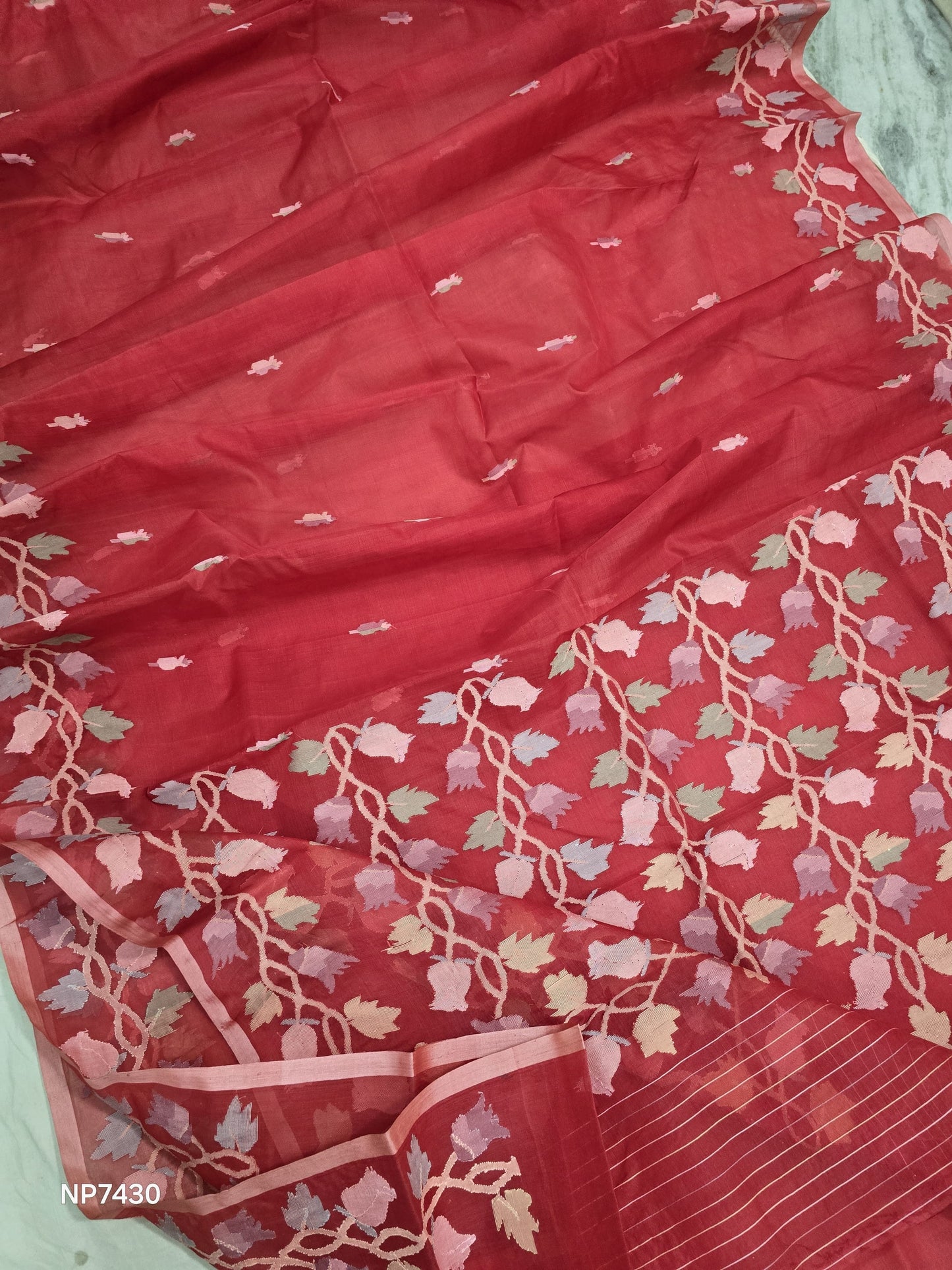 Red jamdani saree Tantuj handwoven sari blouse SaffronFashion