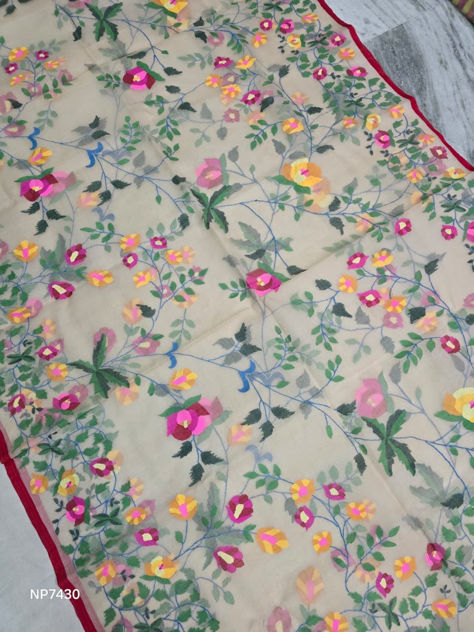 Needle handwork saree floral Tantuj saree jamdani sarees blouse SaffronFashion