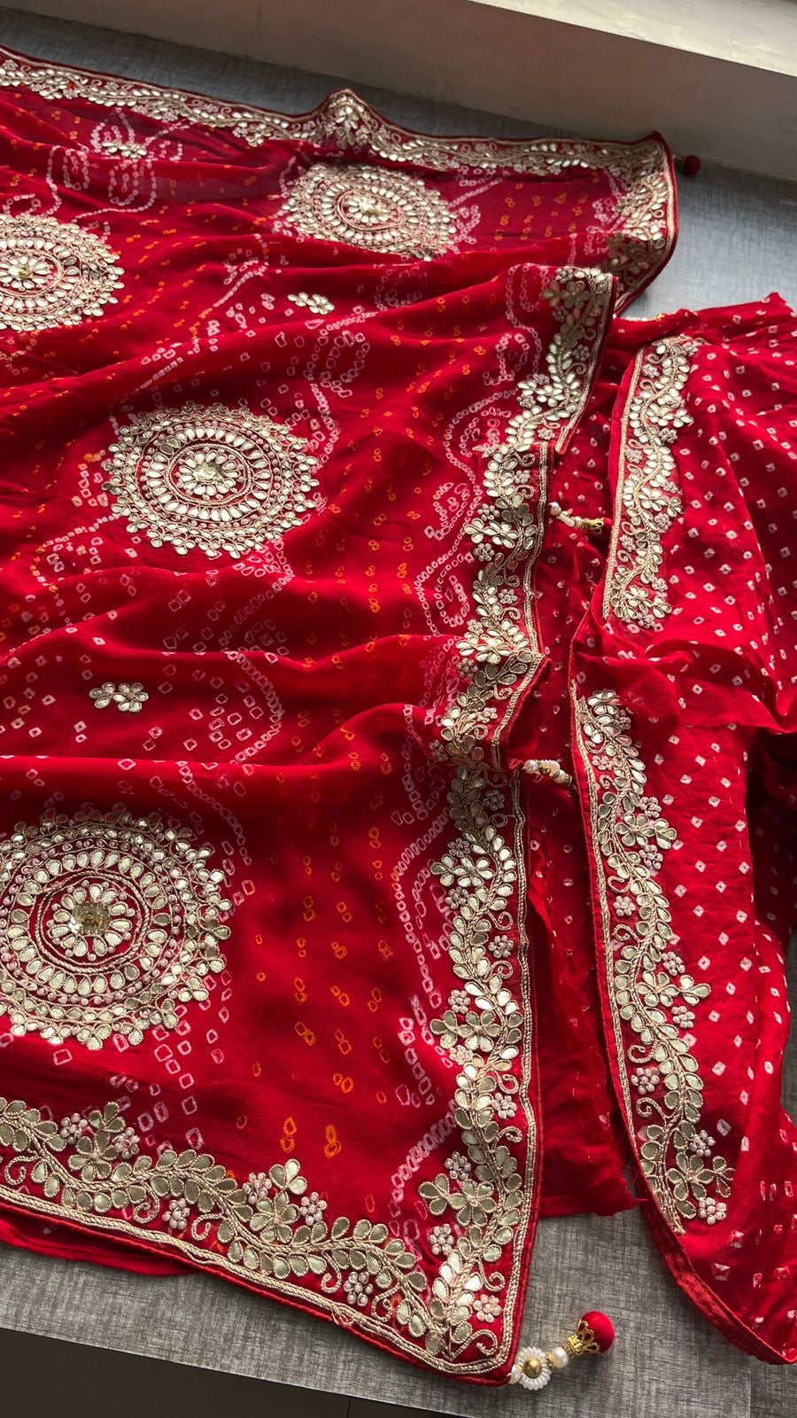 Red satin saree gottapatti Bandhej zardosi sarees bridal sari - Saffronfashionindia