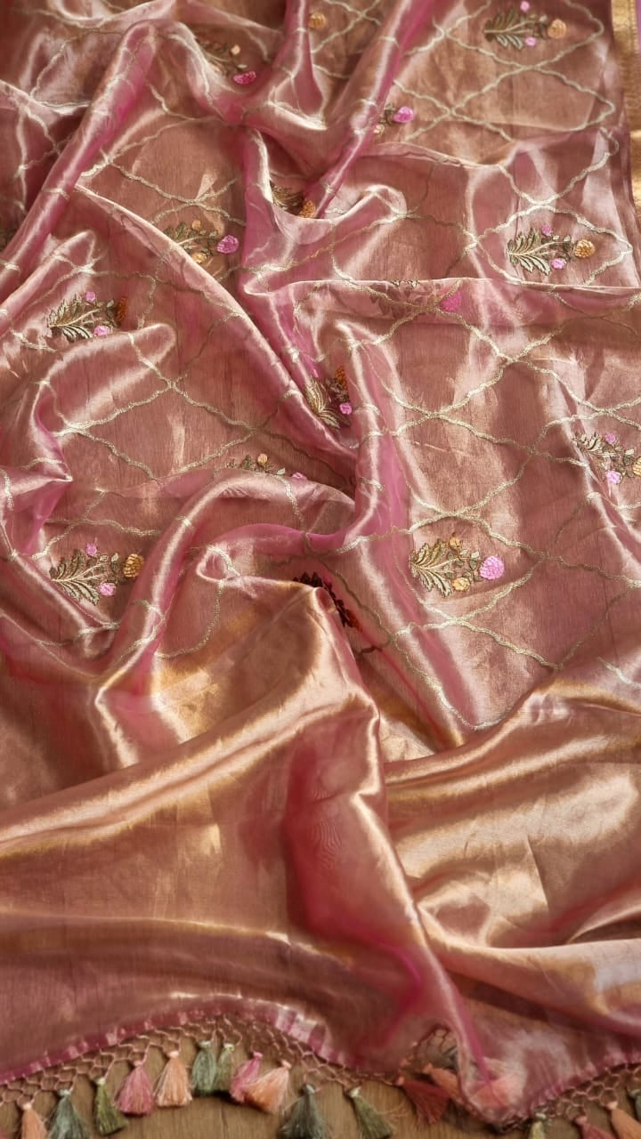 Pink Banarsi organza tissue silk sarees - Saffronfashionindia