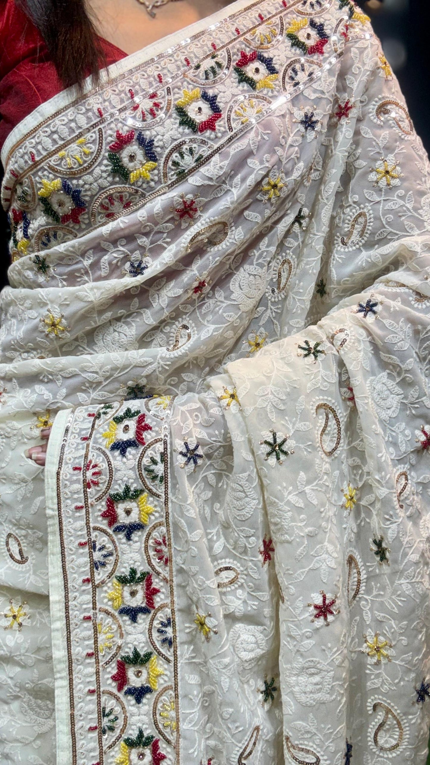 White Chikankari saree gorgette saree Indian saree blouse SaffronFashion