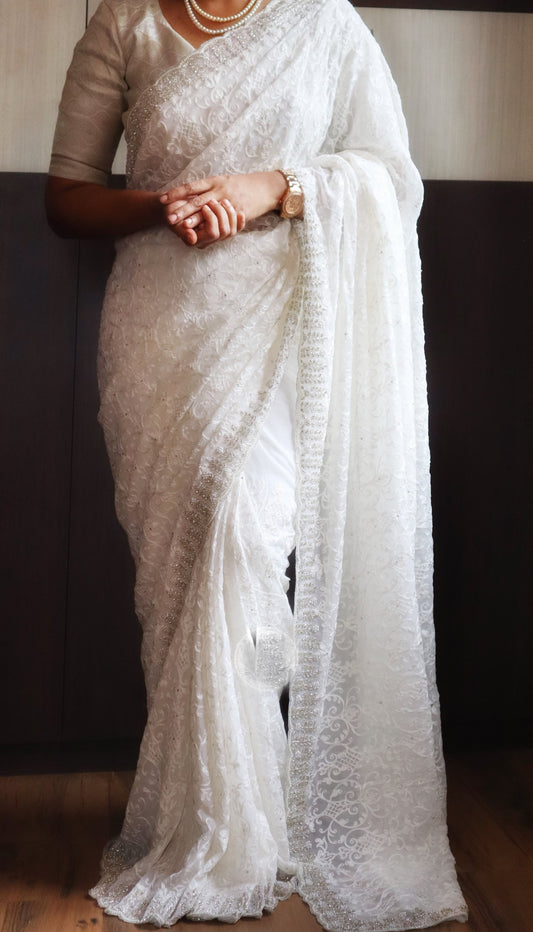 Elegant White Chikankari Saree Gorgette sarees Indian Classy Partywear saree - Saffronfashionindia