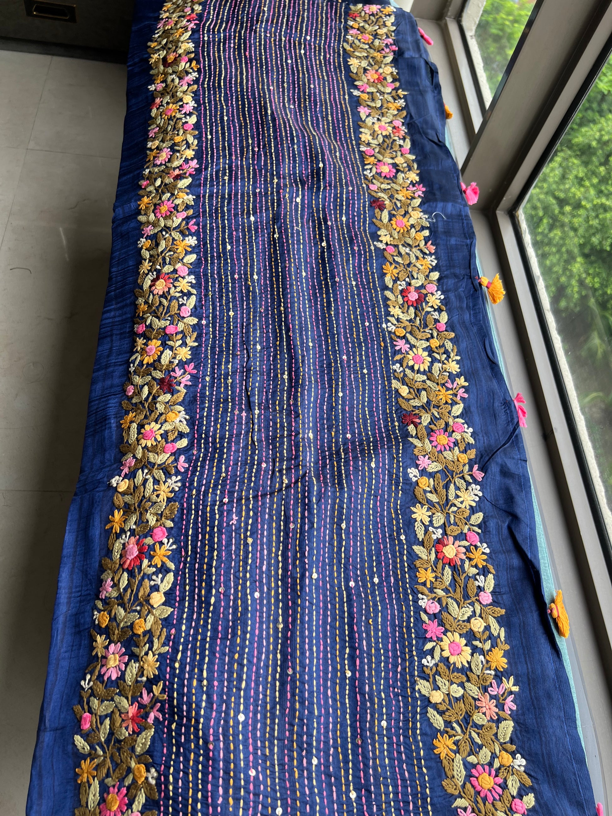 Munga French knot saree royal blue sarees - Saffronfashionindia