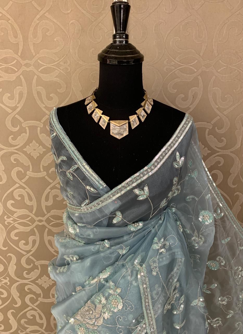 Elegant beautiful organza saree Partywear saree blouse reception saree - Saffronfashionindia
