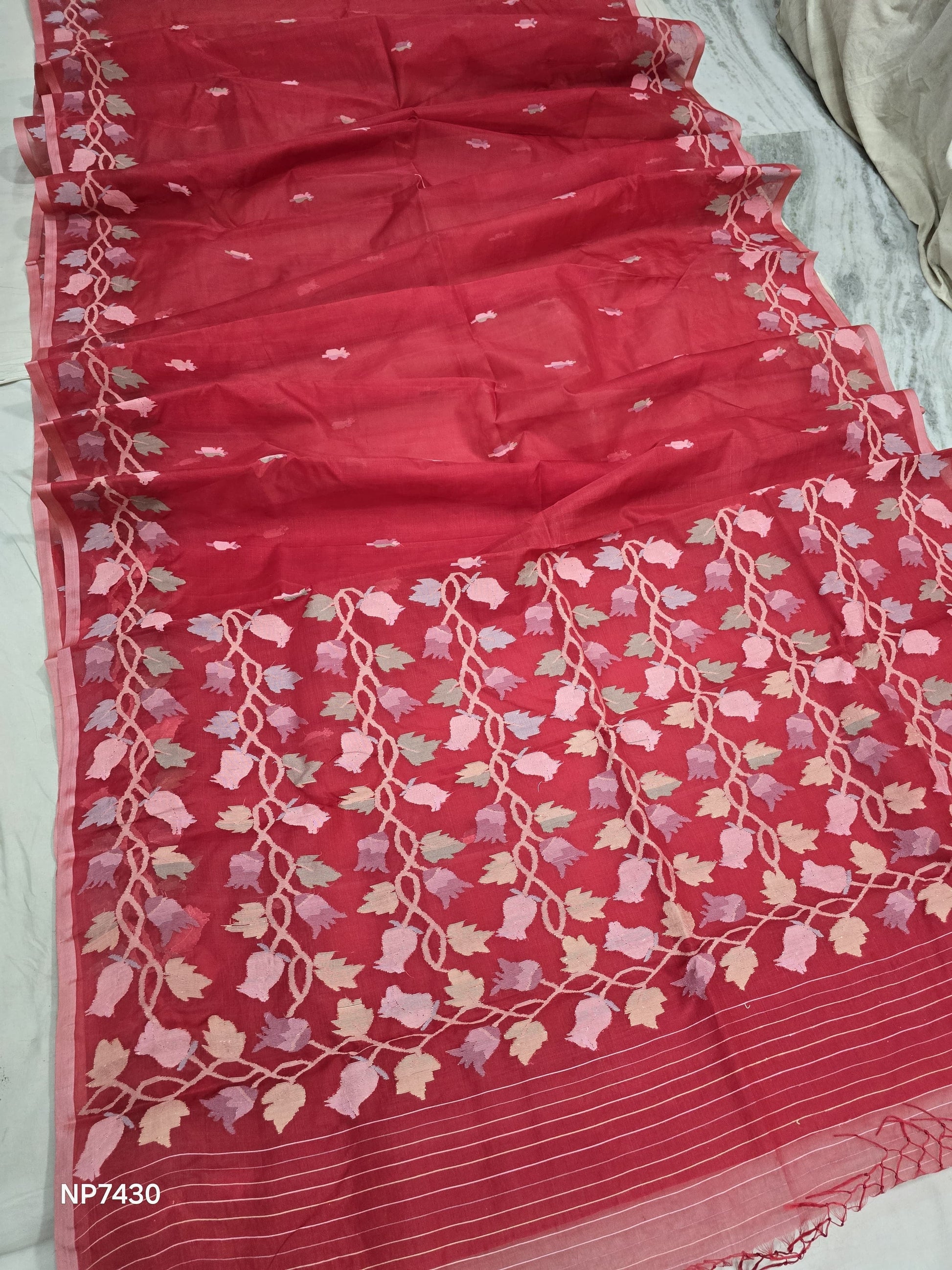 Red jamdani saree Tantuj handwoven sari blouse SaffronFashion