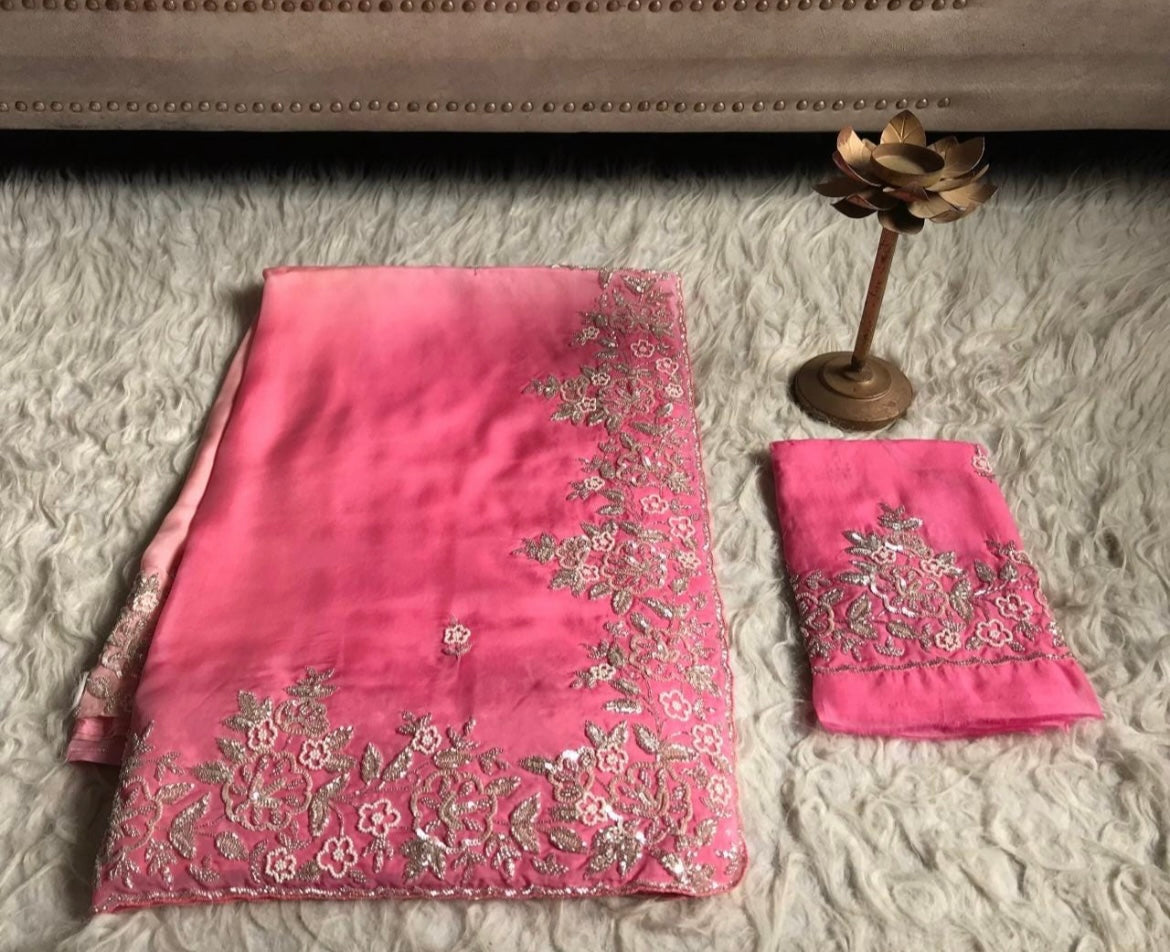 Pink premium shaded saree luxury sarees blouse Saffronfashionindia
