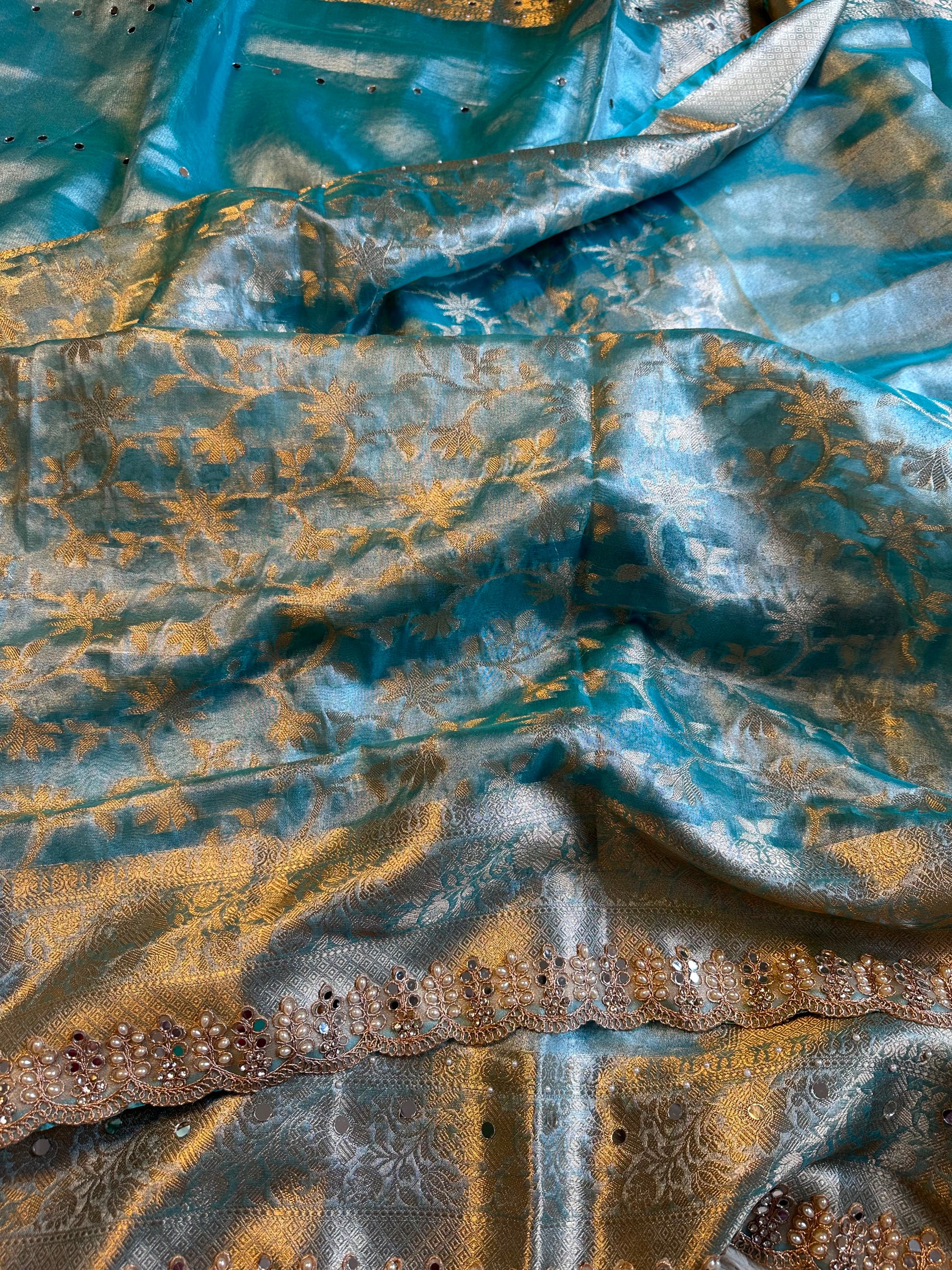 Firoza blue saree Banarsi tissue sarees Indian sari blouse SaffronFashion