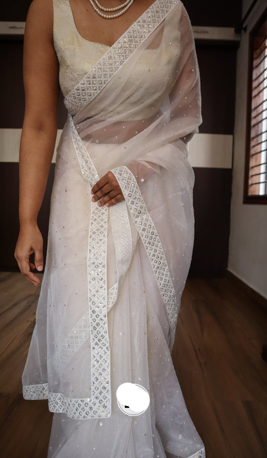 Fairy white saree organza saree simple elegant saree blouse SaffronFashion