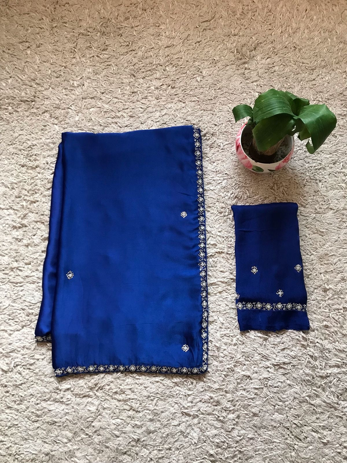 Royal blue premium saree luxury sarees Chinon satin saree blouse - Saffronfashionindia