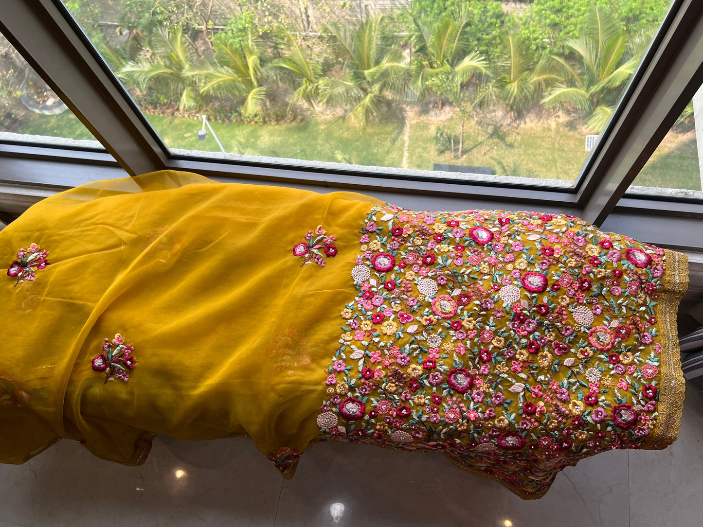 Yellow organza saree French knot saree party wear sari SaffronFashion