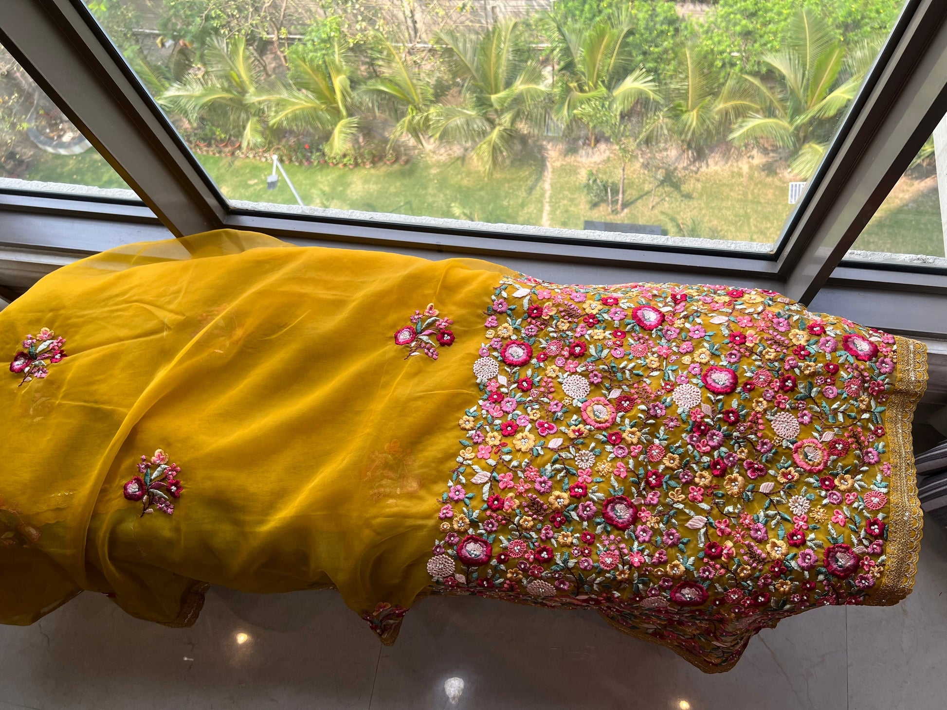 Yellow organza saree French knot saree party wear sari SaffronFashion