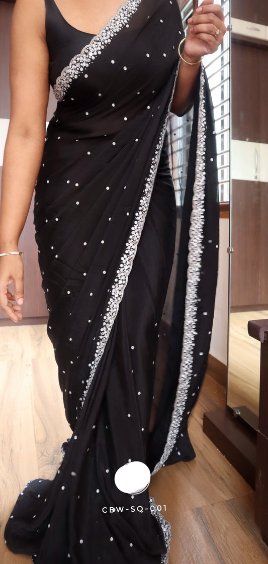Black premium crepe silk saree partywear sarees Indian sari blouse - Saffronfashionindia