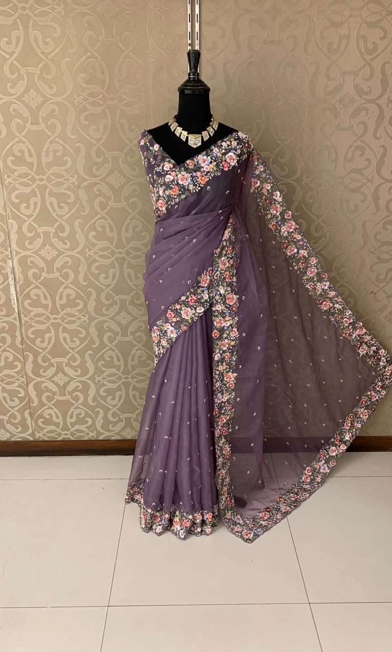 Oluquent organza saree Partywear saree blouse - Saffronfashionindia