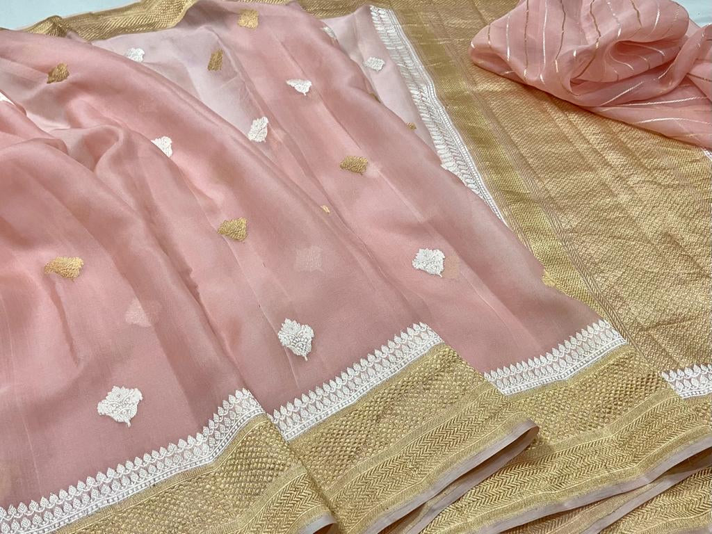 Blushy banarsi kora pink sarees - Saffronfashionindia