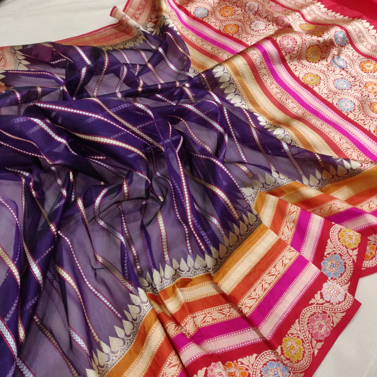 Glowing kora handwoven saree Indian sari - Saffronfashionindia