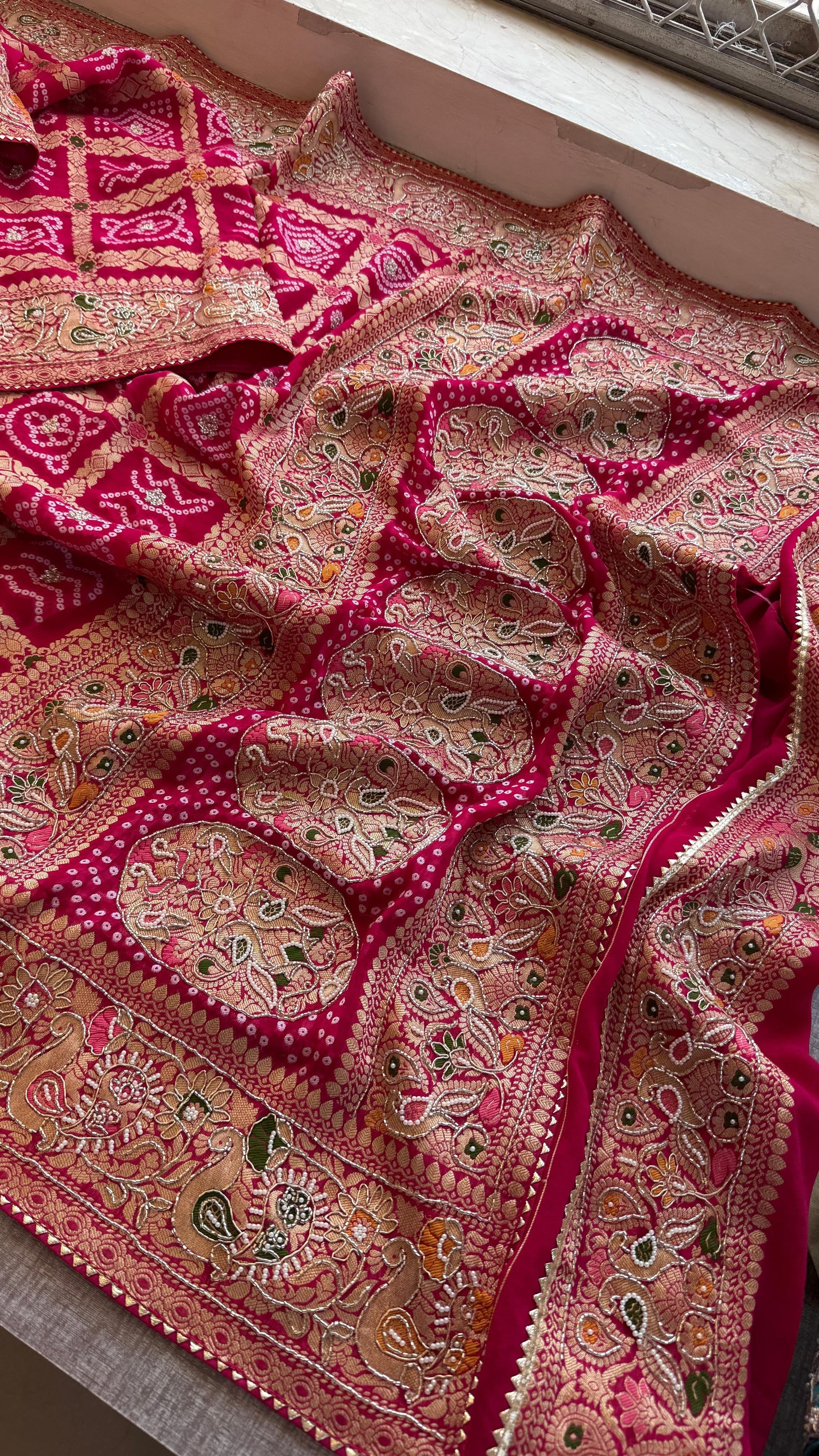 Zardosi Khaddi gorgette saree Indian wedding sarees SaffronFashion