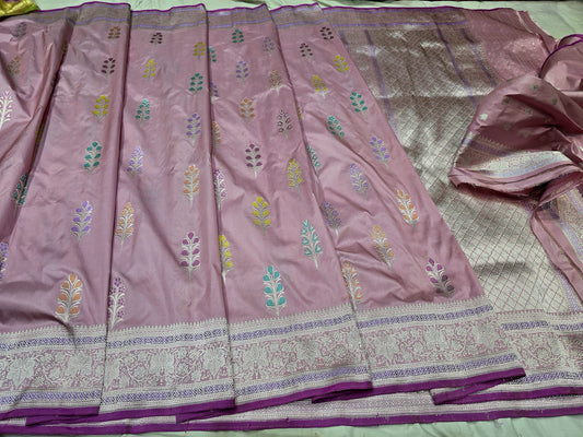 Pink Banarsi saree elegant saree Jamdani tissue sari blouse SaffronFashion