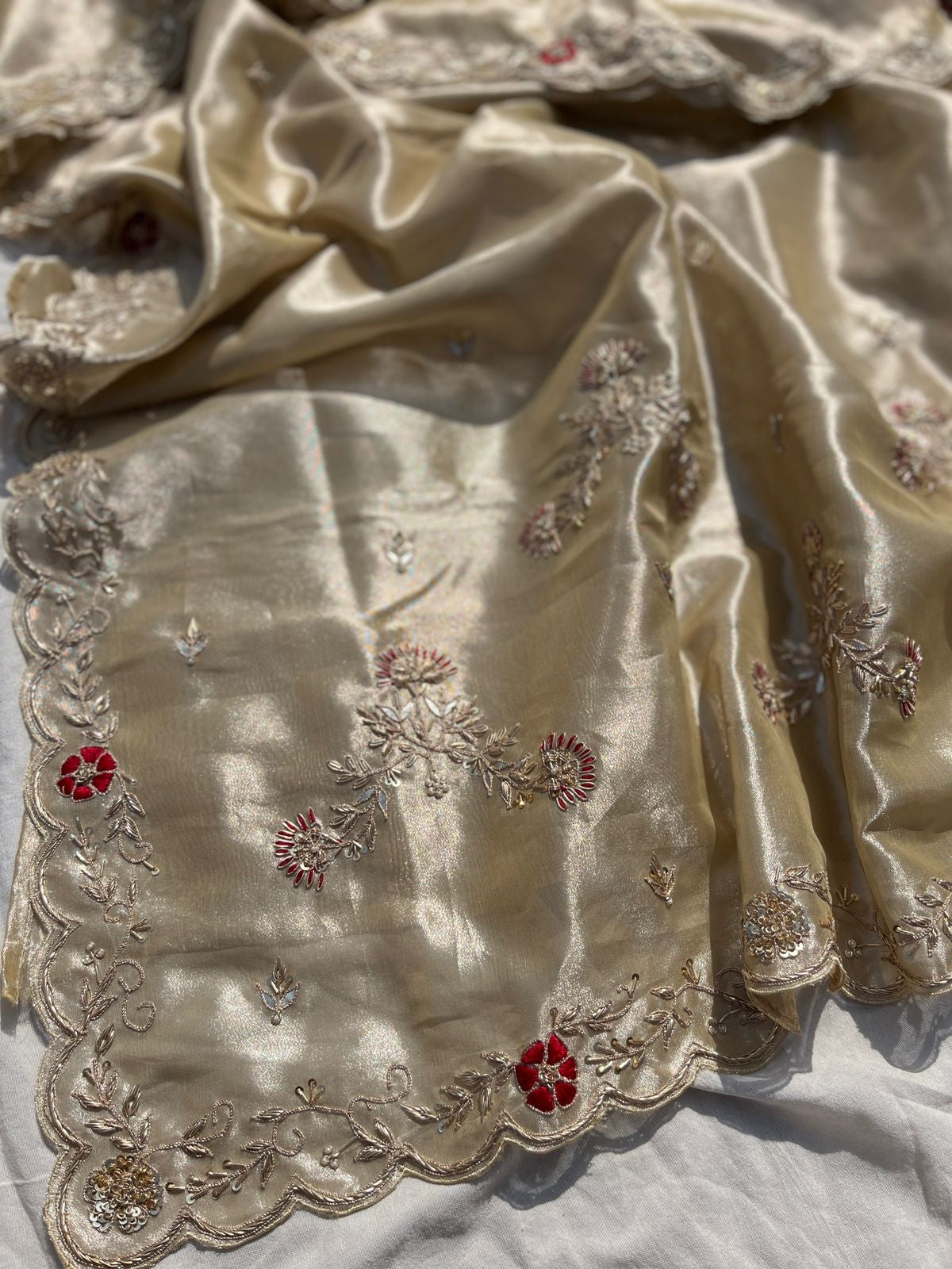 Wedding celebrity inspired tissue zari embroidered Sarees - Saffronfashionindia