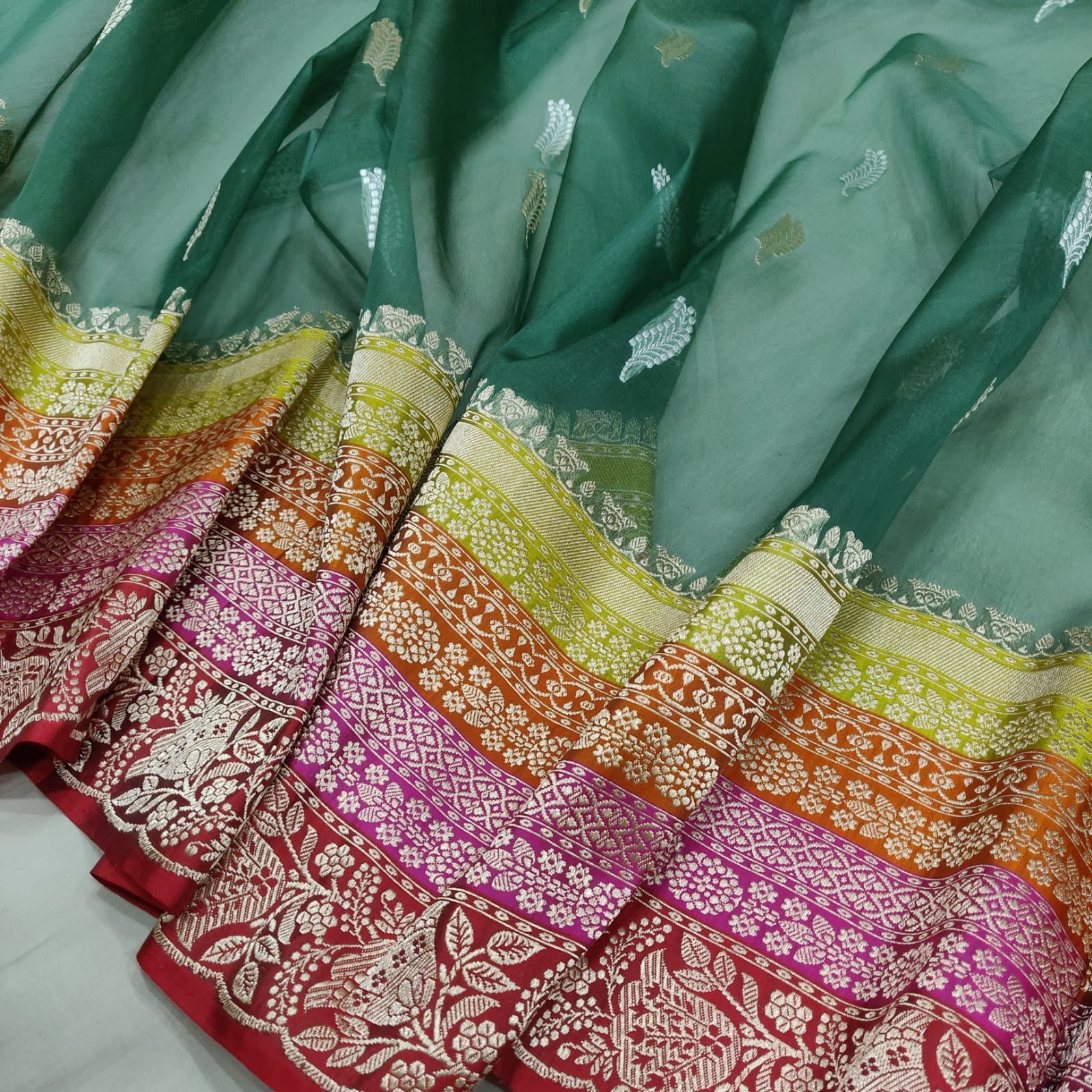Green Kora handwoven Zari saree Indian sari - Saffronfashionindia
