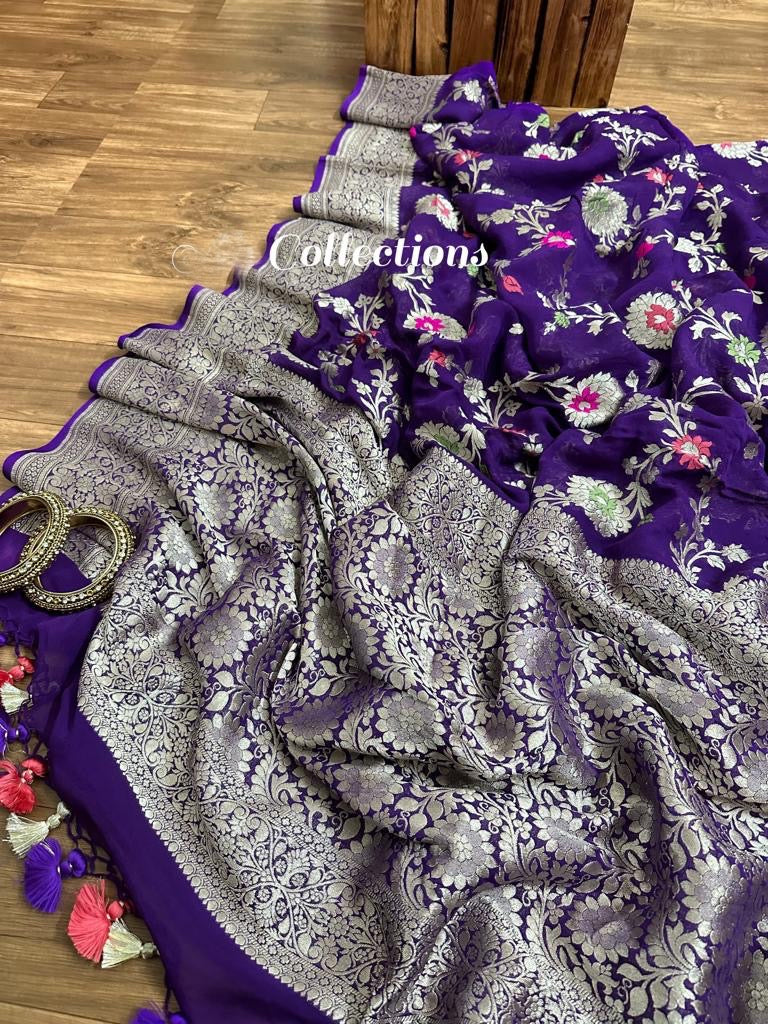 Banarsi Khaddi Gorgette weaving sarees floral saree - Saffronfashionindia