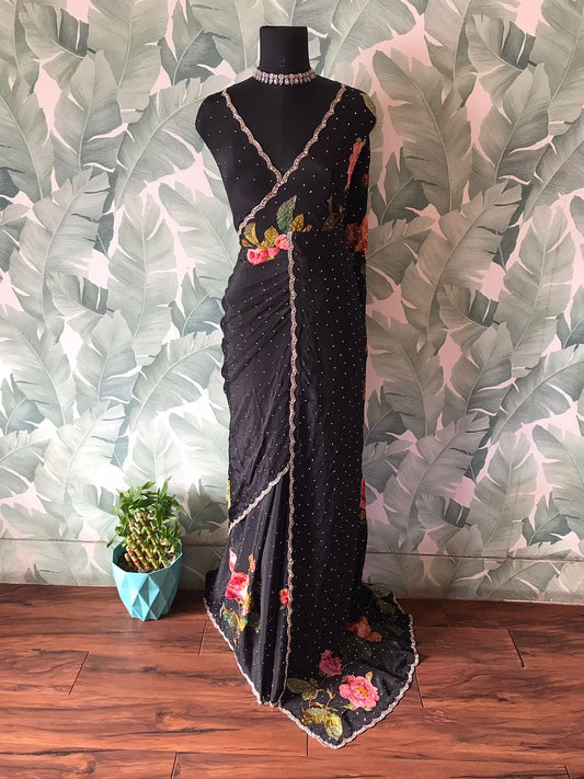 Black premium saree Chinon silk saree partywear women sarees blouse SaffronFashion