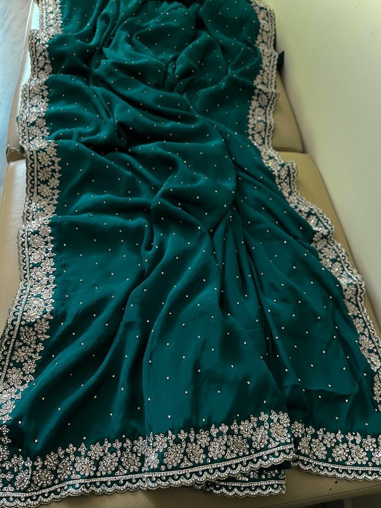Crepe Satin Zardosi Wedding Saree Women Sari - Saffronfashionindia