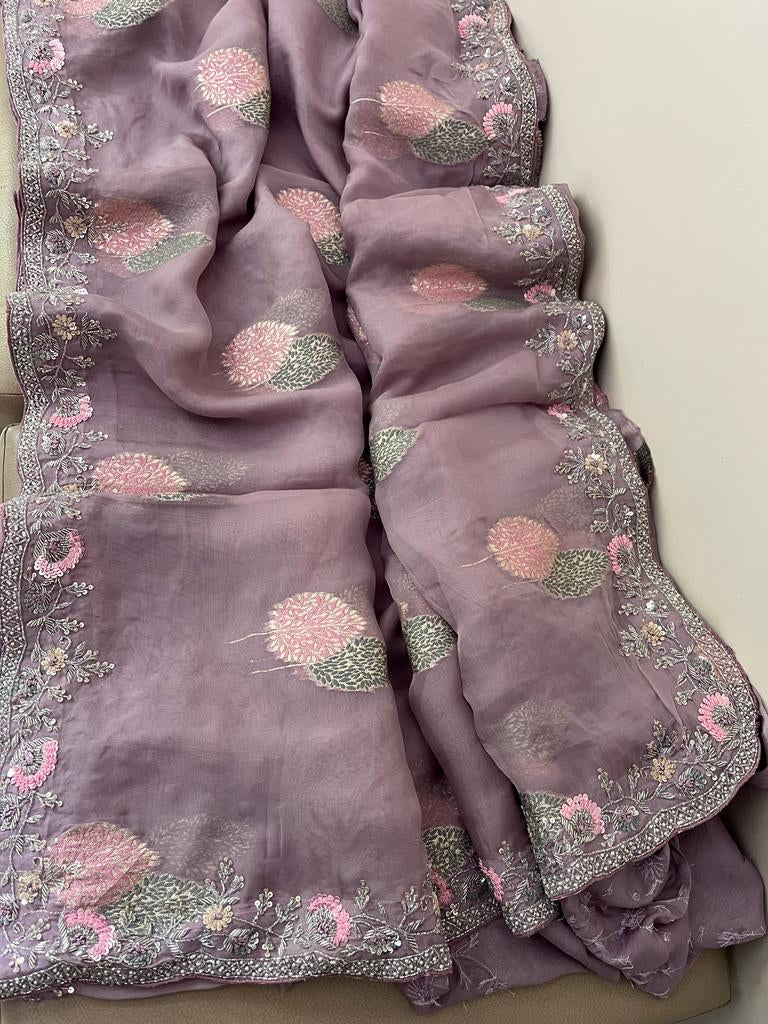 Floral weaved handwoven organza saree - Saffronfashionindia