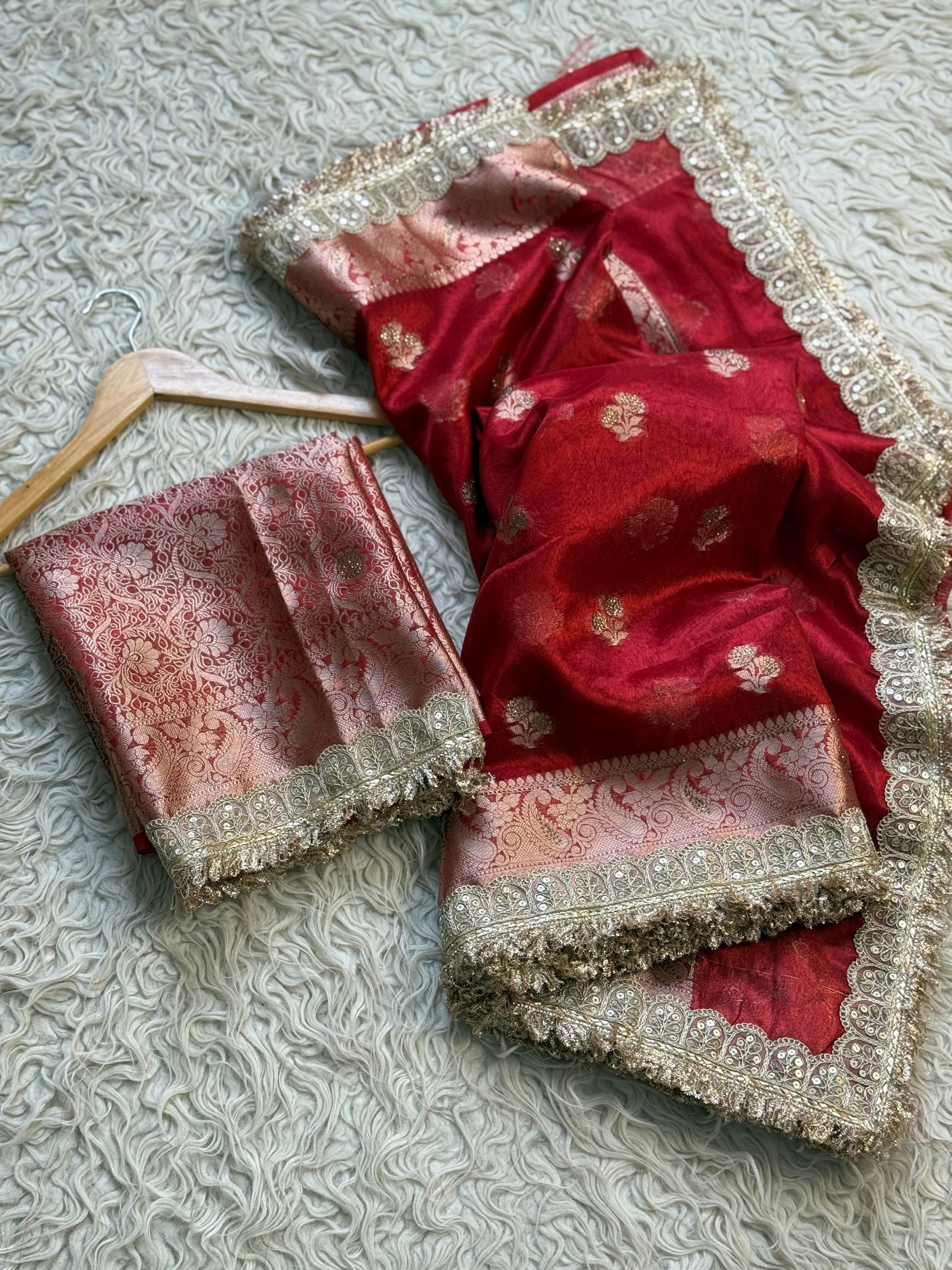 Red Banarsi saree tissue silk saree Indian sari blouse SaffronFashion