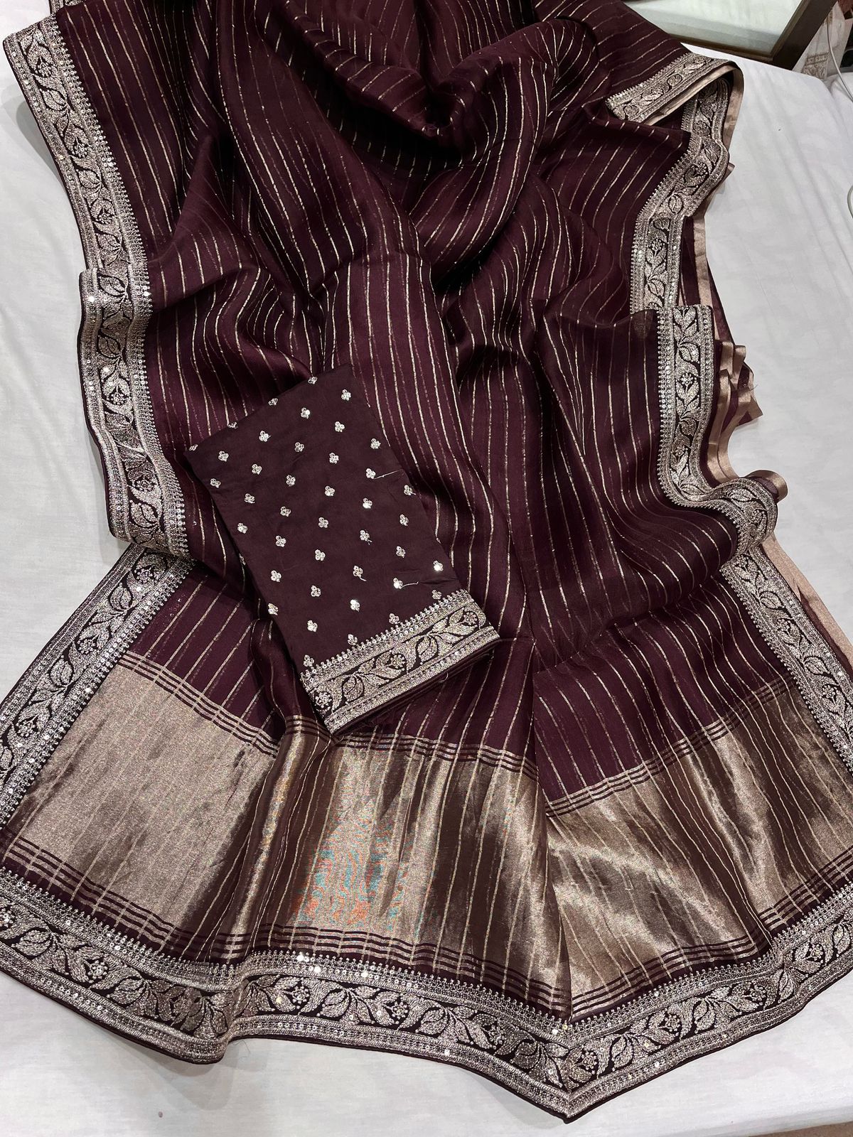 Striped Organza saree partywear sarees Indian sari - Saffronfashionindia