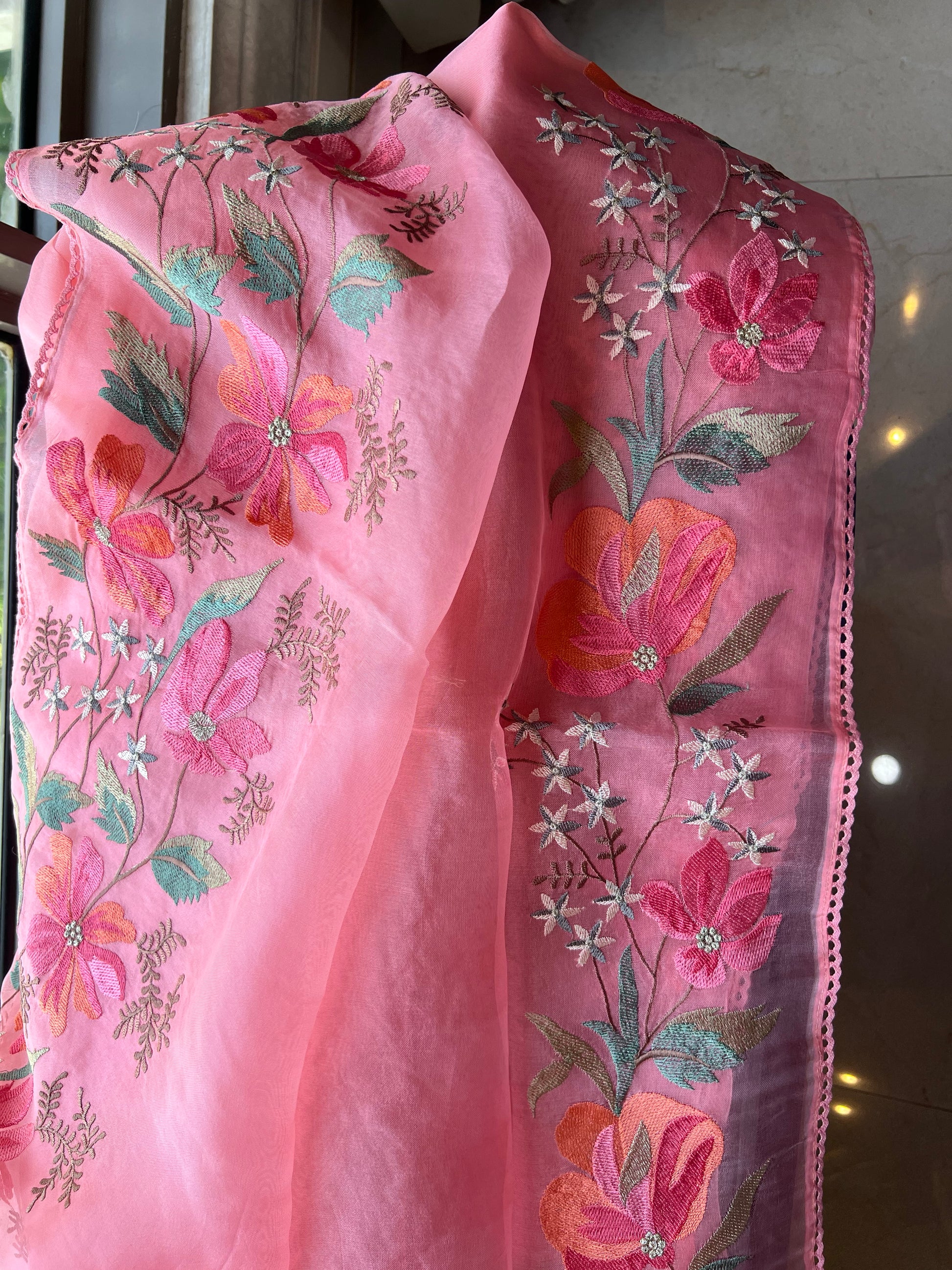 Pink sari floral saree embroidery sarees blouse - Saffronfashionindia