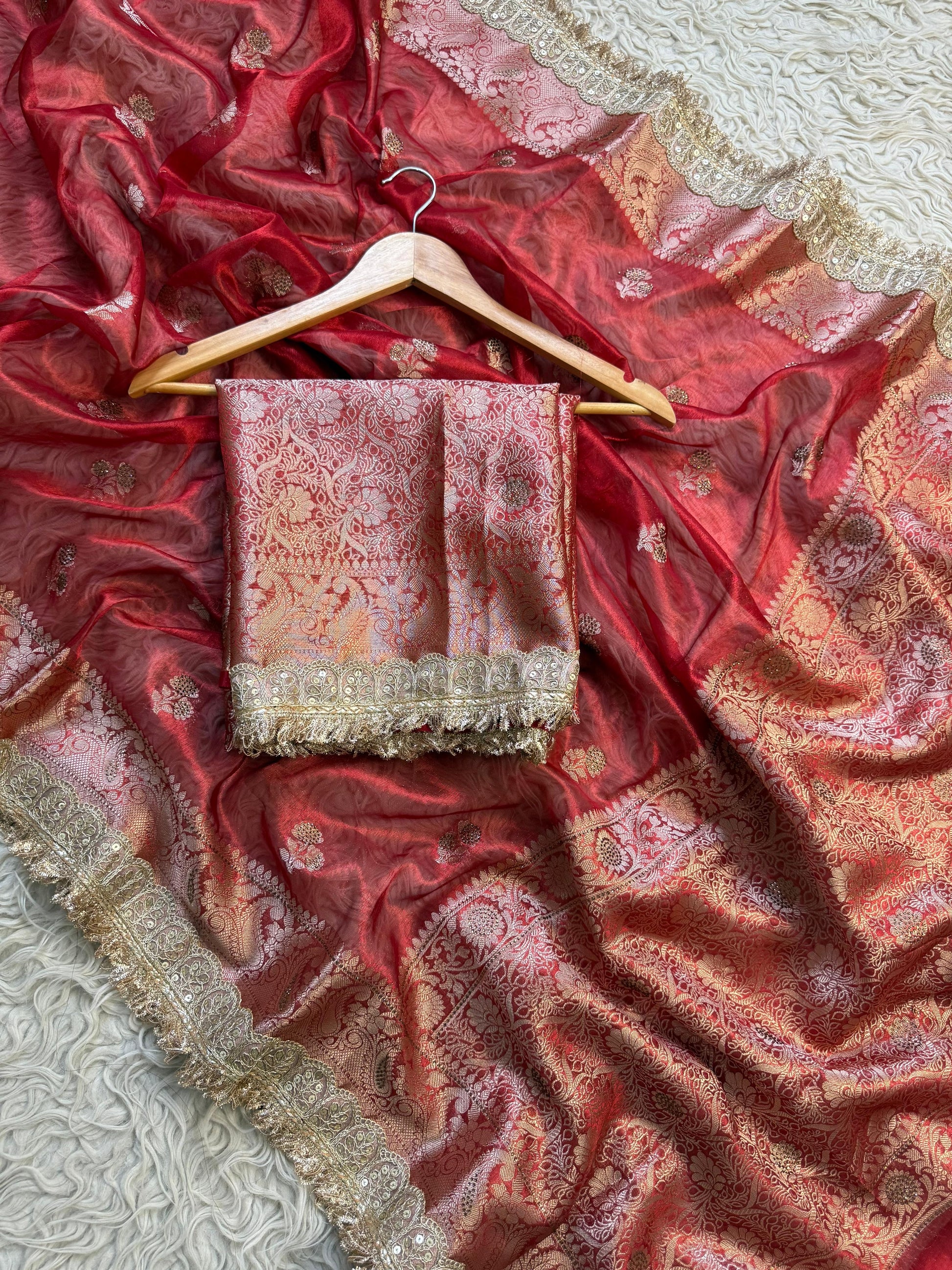 Red Banarsi saree tissue silk saree Indian sari blouse SaffronFashion