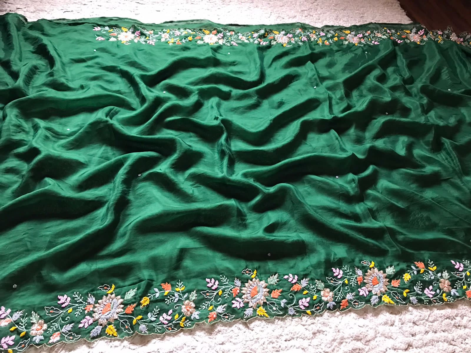 Embroidered Saree Green Premium Satin Organza Saree - Saffronfashionindia