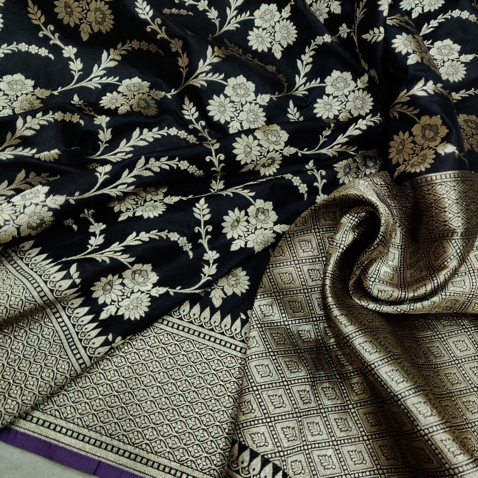 Black Katan silk handwoven saree - Saffronfashionindia