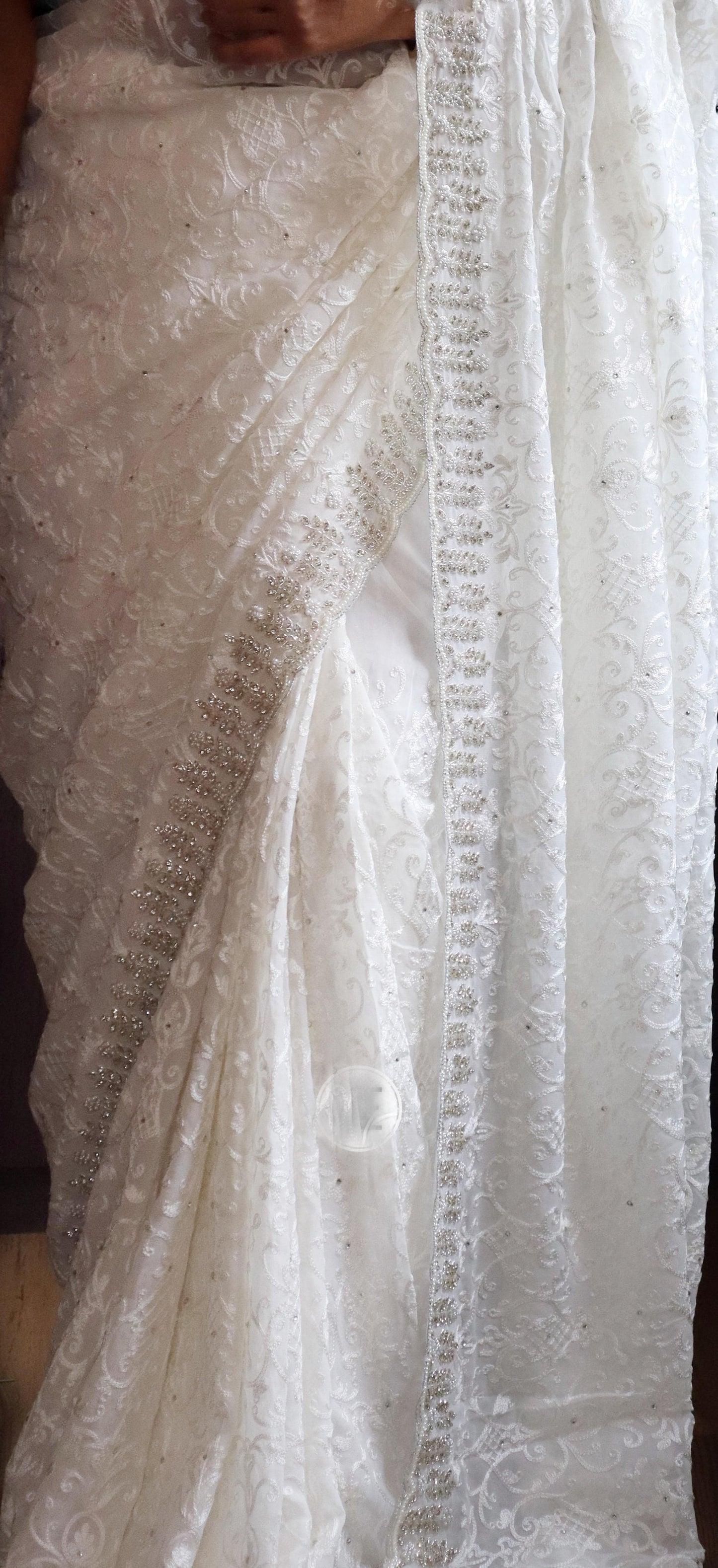 Elegant White Chikankari Saree Gorgette sarees Indian Classy Partywear saree - Saffronfashionindia