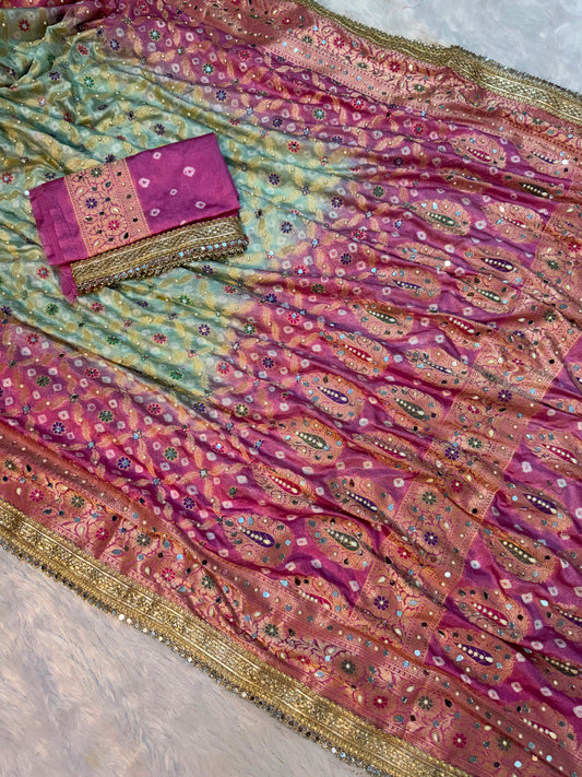 Banarsi soft Bandhej silk saree Indian saree women sari blouse SaffronFashion