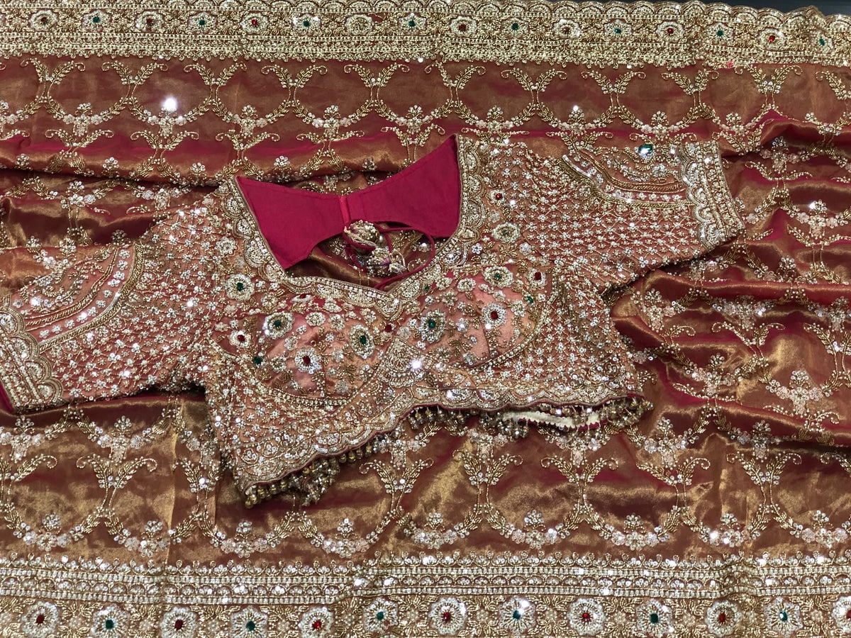 Bridal Silk Saree in Rust Copper | Heavy Embroidered Wedding Saree | Indian Wedding Saree | Designer Banarasi Style Saree | Festive Saree SaffronFashion